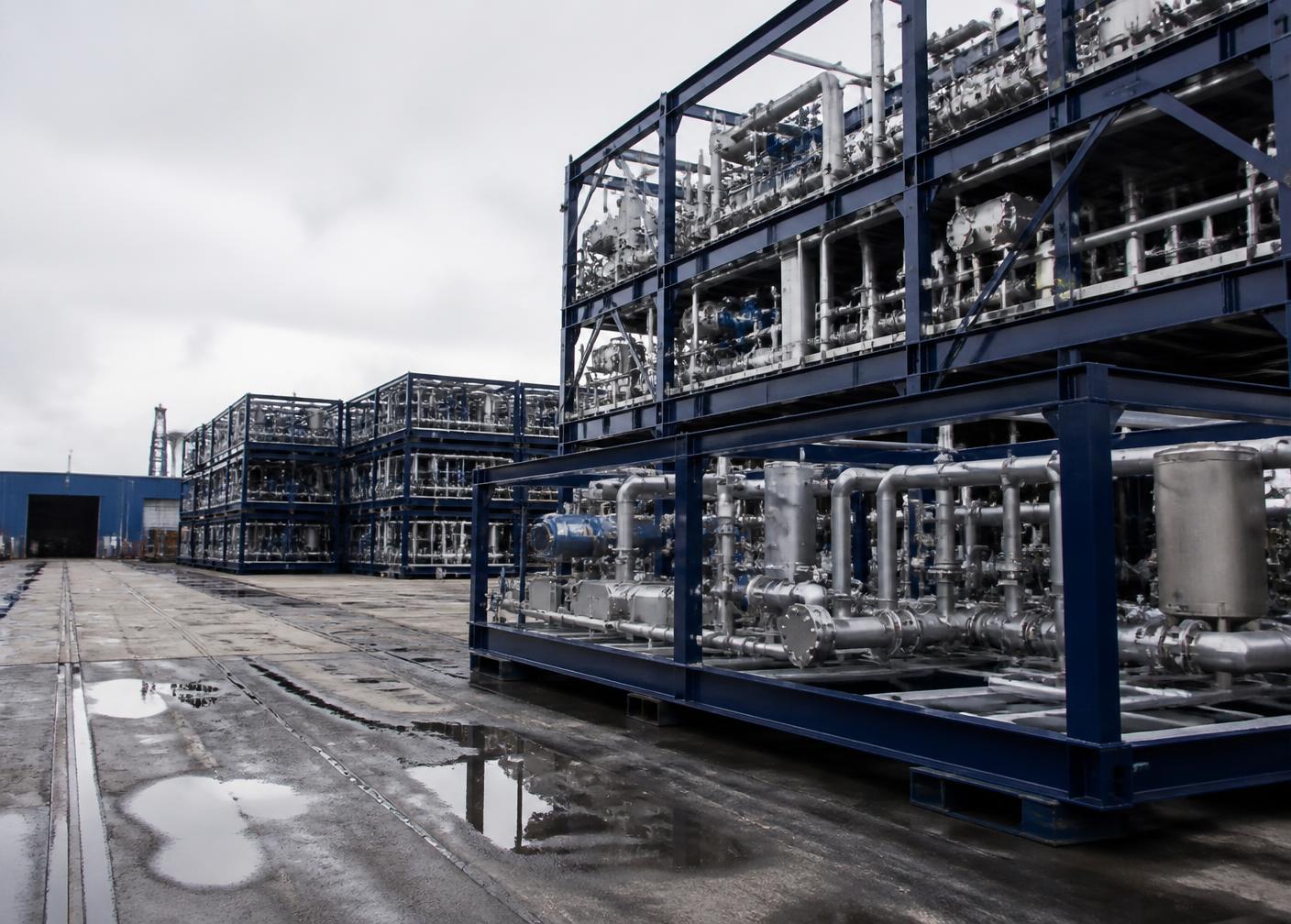 Pre-assembled refinery process skids in a fabrication yard
